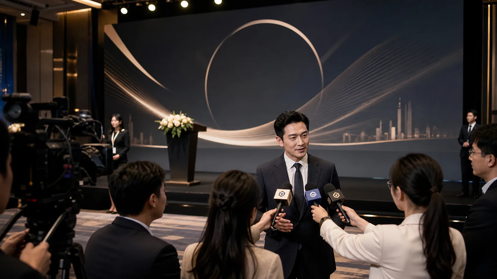 发布会现场媒体记者采访与摄像机拍摄